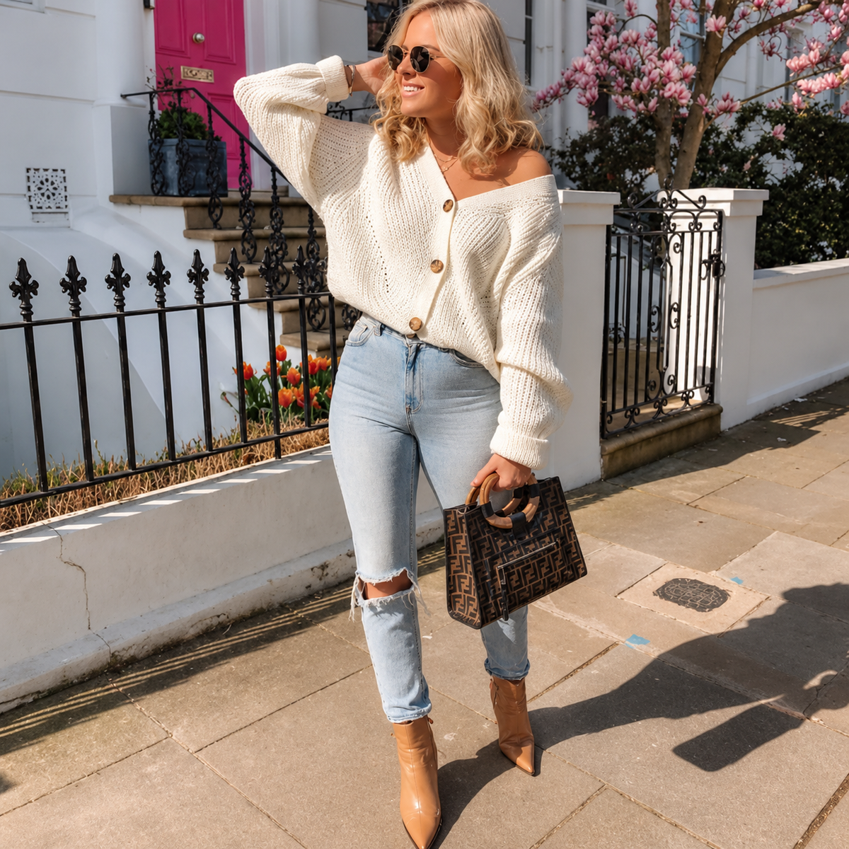 V-neck knit cardigan
